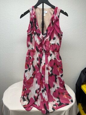 LOFT Fuchsia Abstract Print Ruffled V-Neck Midi Dress